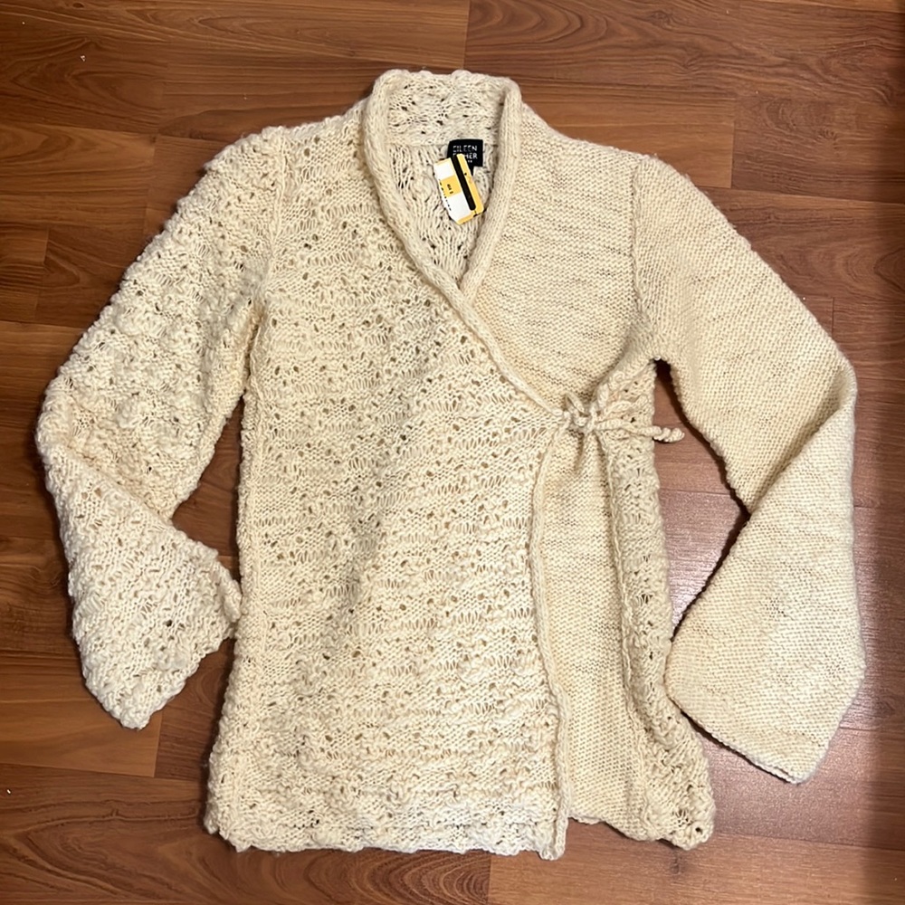 NWT Eileen Fisher cream wool mixed knit wrap cardigan sweater